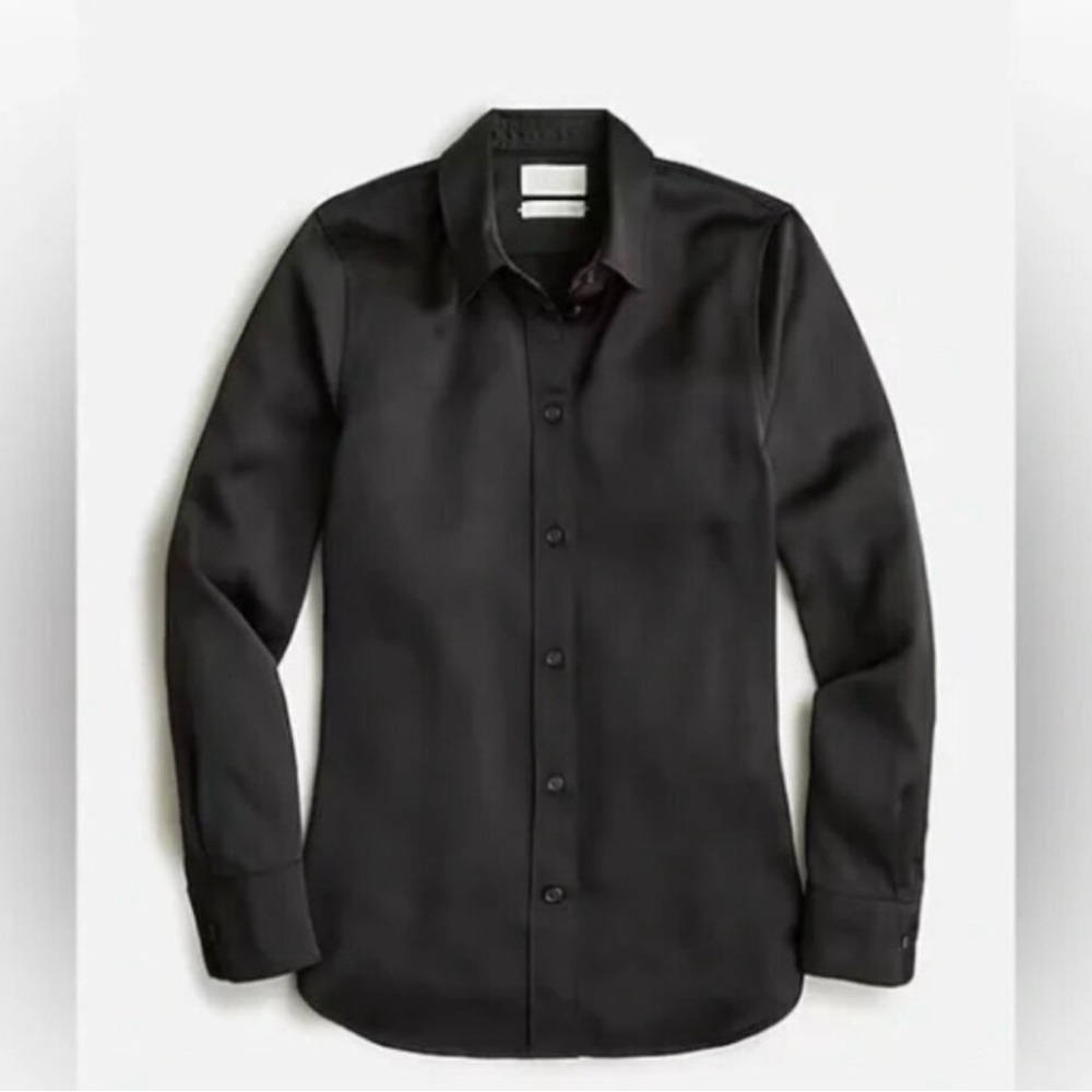 J. Crew Black Luster Crepe Satin Slim Fit Drapey Long Sleeve Button Up Shirt
